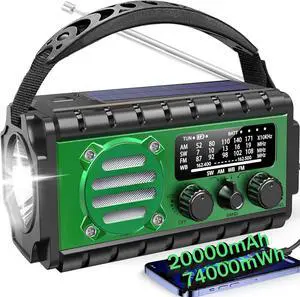 20000mah Emergency Radio, SW/NOAA/AM/FM Weather Radio, Solar Powered Hand Crank Chager with Bige Batery Powered,Portable,Cellphone Charge,SOS,Flashlight for Emergency/Home (Green)