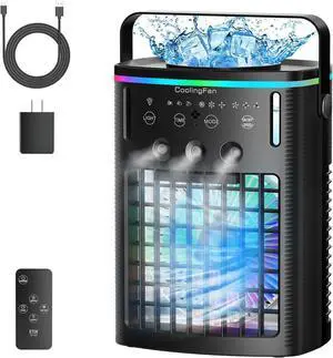 Portable Air Conditioners, Mini Air Conditioner Portable Cooling Fan with Remote Control, 3 Wind Speed & 3 Mist Level & 2-8H Timer & 7 LED Light Evaporative Air Cooler for Home Office Room, Black