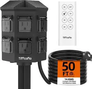 Outdoor Power Stake Timer, 100FT Remote Control, Dusk to Dawn Light Timer, 50FT Extension Cord Waterproof, 6 Grounded Outlets for Outdoor Decorations, ETL Listed