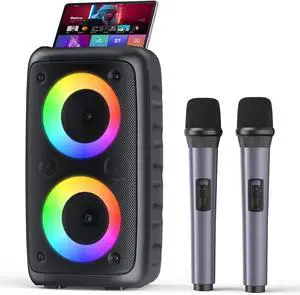Portable Bluetooth Loudspeaker, PA Speaker with 2 Wireless Microphones for Adults Kids with Upgraded Subwoofer, Support TWS/TF/USB/AUX for Home Party Outdoor