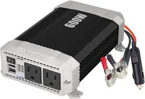 600 Watt 12V DC to 110V AC Car Power Inverter, Modified Sine Wave, 2 Outlets, 2 USB Ports, Cigarette Lighter Plug & Clamps - ETL Approved Under UL STD 458