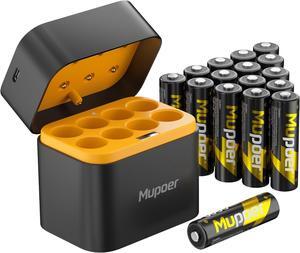 AA Lithium Batteries with Charger,16 Count 3600 mWh 1.5V Double A Batteries High Capacity,Long Lasting Rechargeable AA Li-ion Battery with Integrated Charging Storage Box - Gold