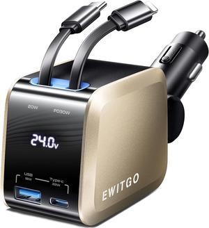 Retractable Car Charger, 4 in 1 USB C Car Charger 72W, Fast Charging, 2 Retractable Cables and 2 USB Ports, Car Accessories for iPhone 16 15 14 13 12,  etc, Gold