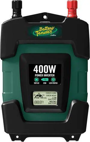 Battery Tender 400 Watt Power Inverter - 12 Volt DC to 115 Volt AC Car Inverter - Dual AC Output to Power Laptops, Blenders, TVs, Printers - 2 USB Ports, 3.1 AMP for Phone Charging - 026-0003-DL-WH