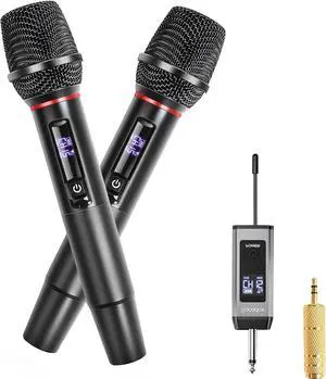 Wireless Microphone System for Karaoke, Dual UHF Metal Wireless Mic with Rechargeable Receiver, for PA System, Speaker, Party, DJ, Wedding, Church (Black)