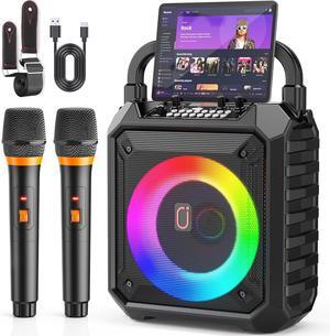 Karaoke Machine with Two Wireless Microphones, Portable Speaker with LED Lights for Kids and Adults, Supports Bluetooth/USB/TF/AUX for Party