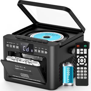Boombox CD and Cassette Player Combo, 5000mAh Rechargable CD Player Boombox with Bluetooth Receive/Transmit/FM Radio/USB/TF/AUX/Remote Control, Boom Box Cassette Player for Home Outdoor