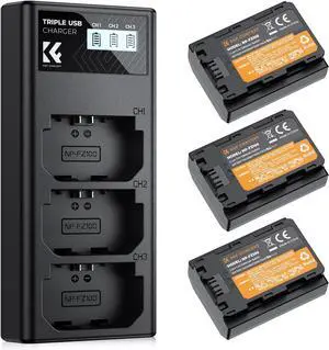 NP-FZ100 Battery and Three Slot Charger, 3-Pack Replacement Battery for Sony A7iii, A7iv, A7C, FX3, FX30, A9, A6600, A6700, ZV-E1, ZV-E10ii, Alpha 9, A9S, A7R III, A7R IV, A7RV, 2280mAh