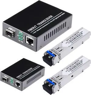 2 Pack 1.25G/s Bidi Gigabit Single-Mode Fiber to Ethernet Media Converter with 2PCS Bidi SFP LC Dual Transceiver Module Included, 10/100/1000Base-Tx to 1000Base-LX SMF RJ45 to SFP Slot up to 550M