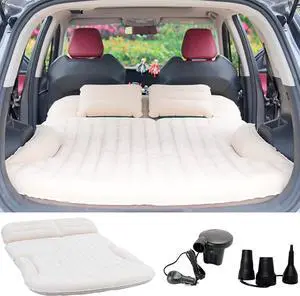 SUV Air Mattress Thickened and Double-Sided Flocking Travel Camping Bed with 2 Pillows & Electric Pump Dedicated Mobile Cushion Inflatable Bed for SUV Trunk and Rear Seat (Beige and Coffee)