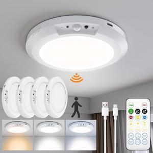 Sensor Ceiling Light,Cordless Closet Light Battery Operated,3 Color Temperatures,Remote Control,Rechargeable Magnetic Mount LED Shower Lights for pantry,Stairs,Garage,Hallway (White 4 pack)