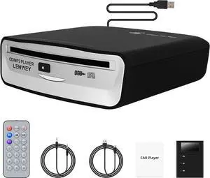 External Universal CD Player for Car - Lehwey Portable Car CD Players with AUX Cable & Remote Control, Plugs into Cars USB Port, Laptop, TV, Mac, Computer, for Android 4.4 and Above Navigation
