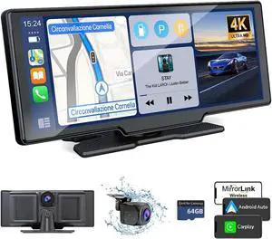 Car Play Screen with 4K Dash cam 10.26 Inch Compatible with  Carplay/Android Auto, Carplay Screen for Car 1080P Backup Camera GPS Navigation/Mirror Link/Voice Control