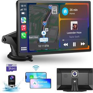 9 Inch Portable Car Screen Compatible with  Carplay and Android Auto: Wireless Carplay Screen for Car with 4K Dash Cam, 1080P Backup Camera, Navigation, FM, AirPlay, AUX, 64GB Card