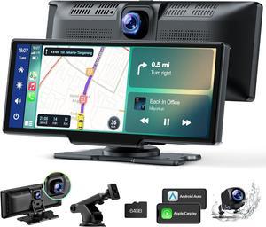 Wireless Carplay Screen for Car with 2.5K Dash Cam, 1080p Backup Camera, 9.26" Portable Car Stereo with  Carplay Android Auto, Mirror Link, Loop Recording, GPS Navigation, AUX/FM