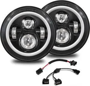 7 Inch Round LED Halo Headlights with Switchback Adapter for Amber Turn Signal White DRL Compatible with 2007-2017 Jeep Wrangler JK JKU- Black