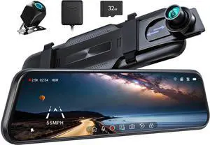P10 2.5K Rear View Mirror Camera, 10'' Mirror Dash Cam Smart Driving Assistant with ADAS & BSD, Front & Rear Camera for Cars Trucks, Night Vision, Voice Control, Parking Mode, 32GB Card & GPS