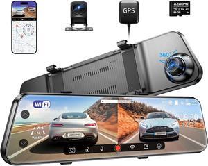 PG17 WiFi Rear View Mirror Camera, 12" Mirror Dash Cam, Dual Camera 2.5K Front and 1080P Rear Camera for Car, Free 64GB TF Card, Waterproof Backup Camera Night Vision, Parking Assistance GPS
