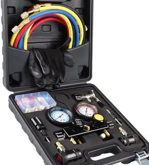 AC R1234YF R134A Gauge Set, Automotive 4 Valve Manifold Gauge Compatible with R1234YF and R134A Refrigerants, Works on Car Freon Charging and Evacuation