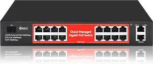 16 Port Gigabit PoE Switch, Smart Managed Gigabit Ethernet Switch, 16 PoE+ Ports@240W, Plug and Play, Vlan, Fanless, Desktop or Rackmount, Overload Protection w/ Port