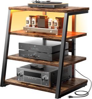 4-Tier AV Media Stand with Power Strips, Corner TV Stand with LED Lights, Rack Audio Tower with Adjustable Shelves, Corner Entertainment Center, 30'', Rustic Brown