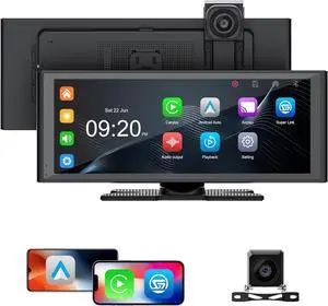 Portable Carplay Screen for Car, 10.26" Wireless  Carplay & Android Auto with 4K Dash Cam,1080p Backup Camera,Car Audio Receivers, GPS Navigation, SuperLink, Bluetooth,FM, Music Player