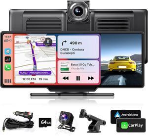 Wireless CarPlay Screen for Car, Portable Android Auto Screen, HD Car Tablet with 2.5K Dash Cam, Audio Receivers with Backup Camera, GPS Navigation/Voice Contro/Mirror Link/AUX/FM/Bluetooth