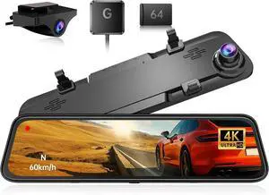 Rear View Mirror Camera, 2160P Full HD Rearview Mirror, Mirror Dash Cam Front and Rear, Waterproof Backup WDR Camera, Night Vision, Parking Assist, Speed Alert, 64GB Card Included- K17