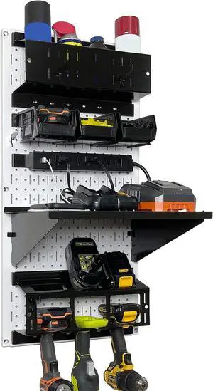 Wall Control Power Tool Storage Organizer Kit Cordless Drill Holder Charging Station Rack 16 x 32 Metal Pegboard Organization System (White Pegboard)