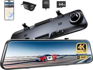 P12 Plus 4K Rear View Mirror Camera with ADAS and BSD, 5.8GHz WiFi Mirror Dash Cam Front and Rear, Backup Camera for Car, GPS, 64GB Card Included, WDR Night Vision, Voice Control, 12" Display