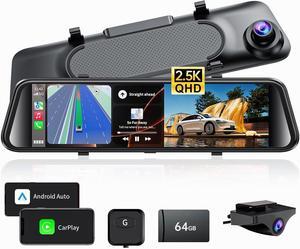 2.5K Mirror Dash Cam with Carplay Mirror & Android Auto, Dash Cam Front and Rear with Zoom Function,12 inches Rear View Mirror Camera with Voice Control/BT Call/64GB Card Included-JOMISE K17 Pro