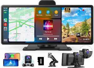 Carplay Screen for Car, Portable Wireless Carplay & Android Auto with 4K Dash Cam and 1080P Backup Camera, Featured Advanced Driver Assistance System, with GPS Navigation, BT/AUX/FM