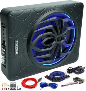 1000W Slim Under Seat Powered Car Subwoofer, Car/Truck Audio Sub Built in Amplifier amp Combo, with Blue LED Light (Subwoofer + Mounting Wire Kit)