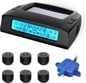 Tire Pressure Monitoring System - Solar Charge RV TPMS, 5 Alarm Modes, Auto Backlight & Sleep Mode, W/Repeater for Longer Distance Transmission, 6 External Sensors, Easy to Install (0-87 PSI)