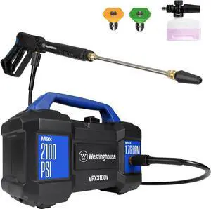 ePX3100v Electric Pressure Washer, 2100 Max PSI 1.76 Max GPM, Built-in Carry Handle, Detachable Foam Cannon, Pro-Style Steel Wand, 3-Nozzle Set, for Cars/Fences/Driveways/Home/Patios