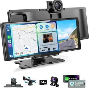 HD Wireless Car Stereo for Carplay & Android Auto, Portable Touch Screen for Car, 4K Dash Cam, 1080P Backup Camera, Bluetooth, AUX/FM, Googel, Siri, Mirror Link, GPS Navigation