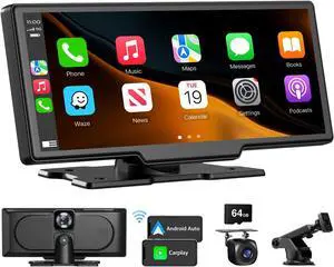 Portable Wireless CarPlay Touchscreen for Car: 4K  Carplay & Android Auto Car Play Screen with 4K Dash Cam/1080p Rear Camera/GPS Navigation/Bluetooth/Mirror Link/AirPlay (Obsidian Black-10IN)