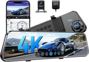 PG17 12" 4K Mirror Dash Cam Front and Rear, Wi-Fi 6 Rear View Mirror Camera with 64GB Card, Voice Control Dash Camera for Car, Rearview Mirror Camera with GPS Night Vision Parking Assistance
