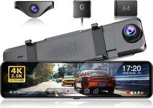 G814 Mirror Dash Cam 4K Front and 2.5K Rear - 3X Zoom Rear View Mirror Camera, 11" UHD Display, Super Night Vision, GPS, 64GB Card Included - Reliable Dash Cam Mirror for Cars & Trucks