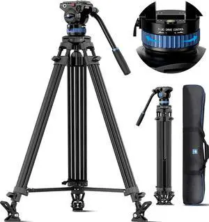 AM-25S Video Tripod, 74.8" Professional Heavy Duty Tripod with Adjustable Damping Fluid Head for Camcorder, Cameras, DSLR, 360° Pan & +90°/-75° Tilt, Quick Release Plate, Max Load 22.0lb