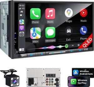 Wireless Double Din Car Stereo  Carplay Radio QLED Screen for Car, Android Auto, Bluetooth 5.3, Fast Charger, 1080P Backup Camera, 4.2 Channel Outputs 240W, 2 Subwoofer