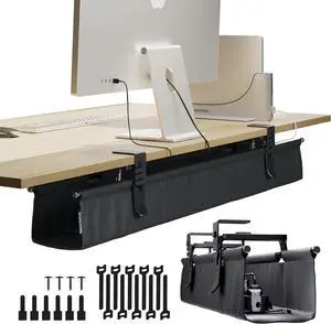 CableCare No Drill Under Desk Cable Management Tray 40.6" -for Desk Wire Management - Premium Black Fabric to Hide Cords - Clamp/Screw Mount - Supports Upto 66lbs