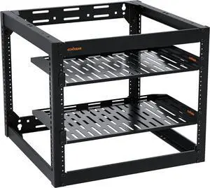 10U Network Rack - Wall Mountable Heavy Duty 4 Post Design Holds All Your Networking & AV Gear - Open Frame Design Includes 2 1U Vented Shelves & Mounting Hardware