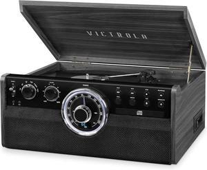 Empire Mid-Century 6-in-1 Turntable & Multimedia Center with Built-in Speakers  3 Speed, Bluetooth Connectivity, Radio, Cassette & CD Player, RCA Out, Headphone Jack, Grey