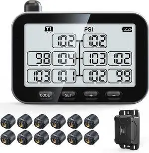 Tire Pressure Monitoring System, RV TPMS with 12 Sensors, 6 Alert Modes, Signal Booster, Power Saving Display, Long Sensing Distance, for 3 Trailers (T1/T2/T3), for Camper, Motor Homes