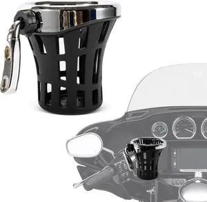Motorcycle Handlebar Cup Drink Bottle Holder W/Mesh Basket Mount Universal for Dyna Softail Electra Glide 1996-up and for Goldwing GL1800 Rebel 250 300 500 XSR 900 Vulcan 1500 1600 Vstar(Chrome)