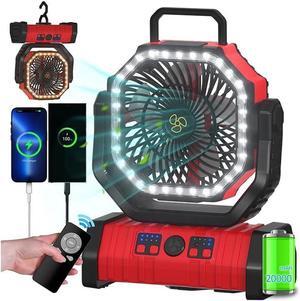 Camping Portable Battery Operated Powered Fan with LED Lantern Light 20000mAh Rechargeable, Oscillating Fan with 360° Rotation Hanging Hook for Tents, Cordless USB Desk Fan(Red)