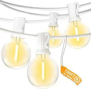 G40 Globe White String Lights Outdoor - 100FT White Patio Lights with 52 Shatterproof Dimmable LED Bulbs(2 Spare) for Room Party Bistro Pergola Tents Decor