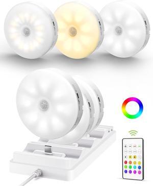 Under Cabinet Lighting with Charging Station,1000mAh Rechargeable Puck Lights with Remote, 3 Color Temps & RGB Closet Lights, Dimmable Motion Sensor Lights for Shelf, Kitchen (6 Packs)