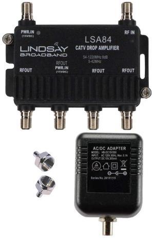 4-Port Cable TV/Antenna/HDTV/Internet Digital Signal Amplifier/Booster/Splitter with Passive Return, F59 Terminators (Lindsay LSA84)